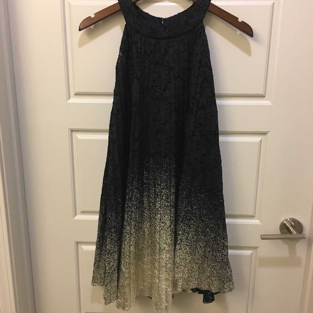 Rare Editions Black Gold Pleated Lace Dress Sz M